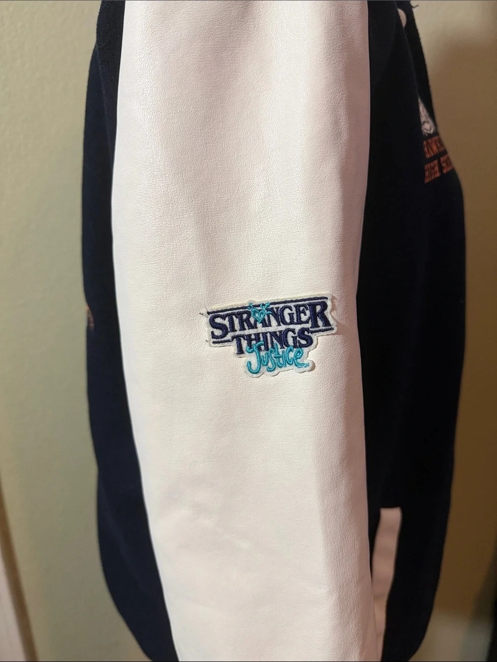 Justice stranger things Navy, White & Turquoise Hawkins Tiger Varsity Jacket